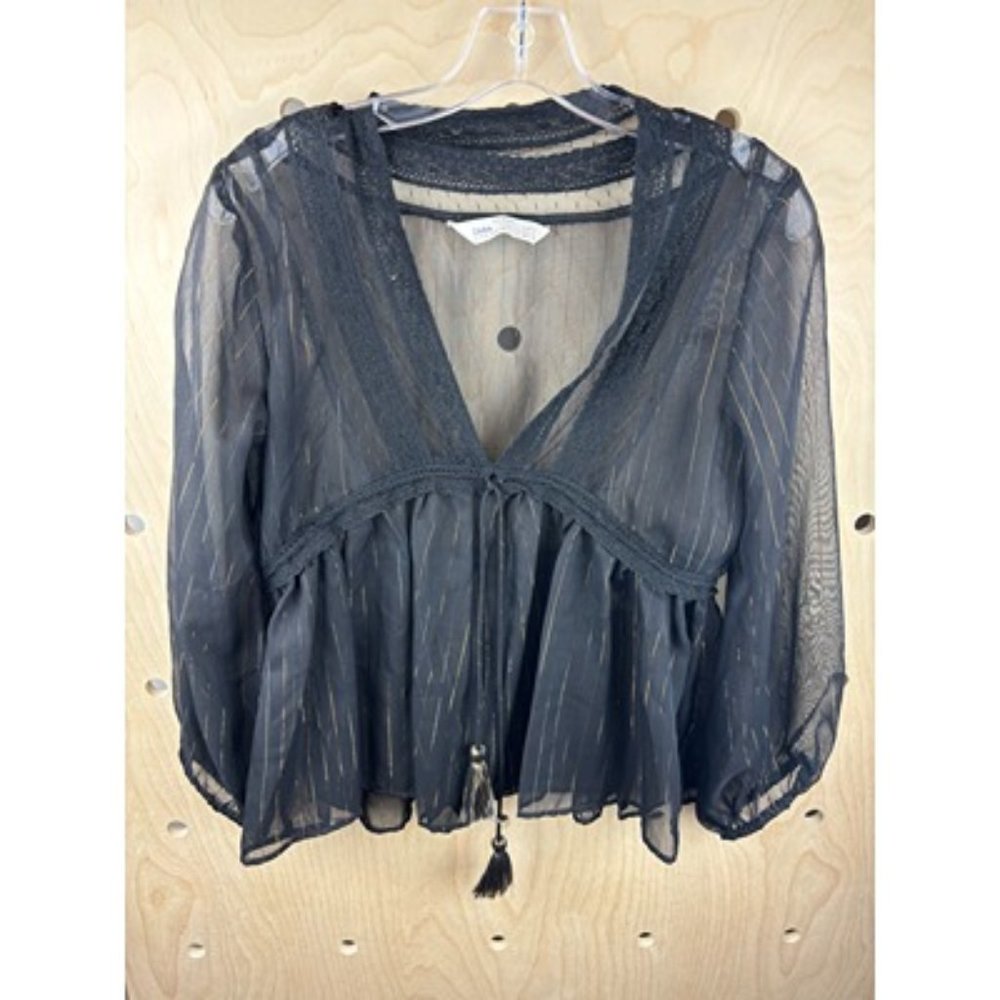Zara Z1975 Denim Black V Neck Balloon Sleeve Tasseled Peplum Top Size Small